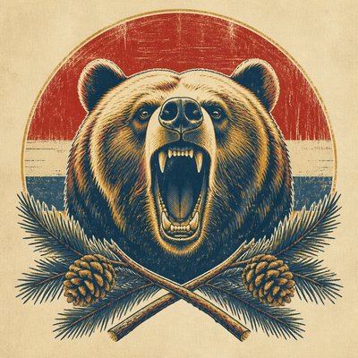 a roaring bear head above crossed pine branches, bold graphic composition on a plain background, no text
