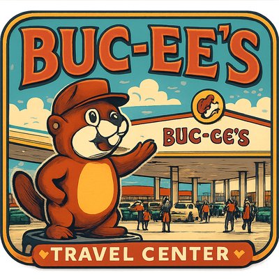 Generate a vibrant, wide-angle image capturing the overwhelming scale and festive atmosphere of a Buc-ee's travel center during peak daylight hours. The central focus should be the massive, iconic Buc-ee the Beaver mascot statue at the entrance, welcoming visitors. Show the enormous, brightly lit gas station canopy stretching across dozens of pumps, with a continuous flow of cars and trucks. In the background, feature the distinctive red-roofed store building with its huge signage. Include details that convey the bustling energy: families walking in, people filling up their tanks, and the overall sense of a colossal, well-organized 'roadside attraction.' The image should highlight its cleanliness, vastness, and the unique, almost surreal experience of stopping at a Buc-ee's.