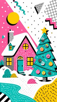 a snow-covered cottage with warm glowing windows beside a decorated pine tree, gentle snowfall, no text