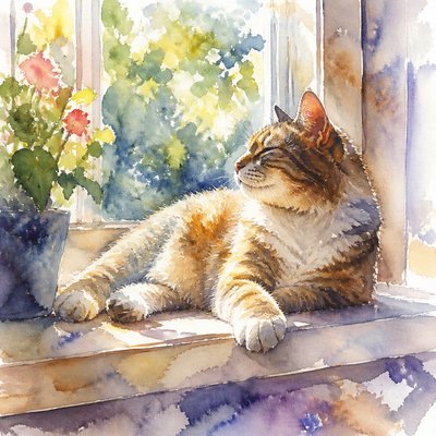 a cat lounging in a sunlit window