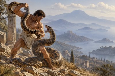 ancient greek athlete fighting python snake
