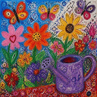 a garden scene with butterflies, flowers and a watering can, clean uncolored line art, no text