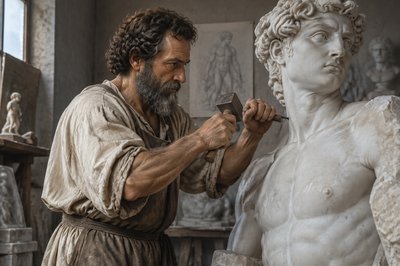 Michelangelo carving a sculpture