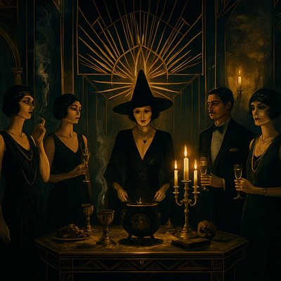 A secret witches' party in 1920s Weimar Berlin. Opulent, crumbling ballroom, flickering gaslight, deep shadows. Flapper-era attendees in high fashion, subtle occult accessories. Decadent feast, champagne, cigarette smoke. A central antique table with mysterious ritual objects. Juxtaposition of extreme luxury and hidden magic. Cinematic realism, dark academia, chiaroscuro, rich jewel tones. Influenced by Babylon Berlin aesthetics.