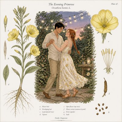 an original couple dancing under string lights in a garden at dusk: a man with short black hair in a linen shirt and a woman with braided red hair in a summer dress