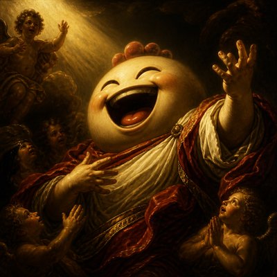 an exaggerated laughing face of an original round mascot character, bold and readable at small size, plain background, no text