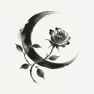 a rose entwined with a crescent moon, clean balanced composition on a plain background, no text