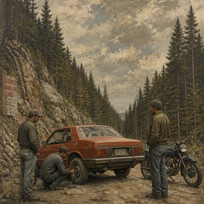 a painting of two men working on a car