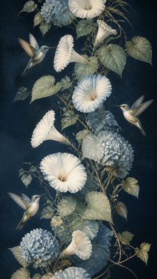 a climbing vine of flowers and hummingbirds on a dark background, tall wrapping composition, no text