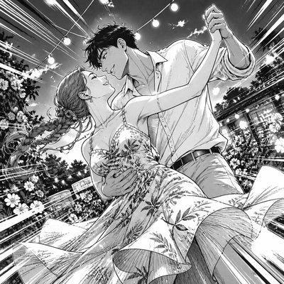 an original couple dancing under string lights in a garden at dusk: a man with short black hair in a linen shirt and a woman with braided red hair in a summer dress