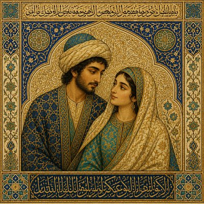 portrait of two people together — Islamic Golden Age Art Style