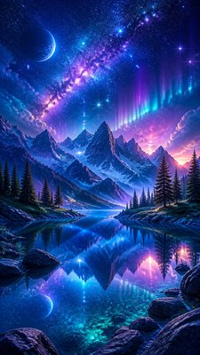 a tranquil mountain lake beneath a starry night sky, no people, no text