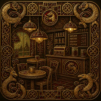 cozy cafe interior with warm lighting