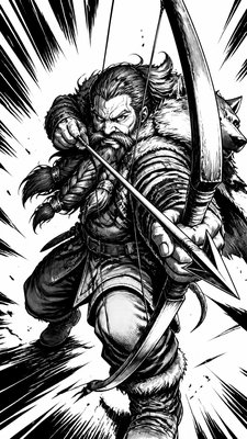 full-body original character: a dwarven ranger with a braided auburn beard, worn leather armor, a longbow and a wolf-pelt cloak, neutral background, no text