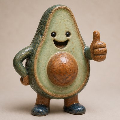 a happy avocado character giving a thumbs up, bold readable design on a plain background, no text