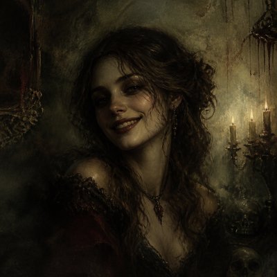 head-and-shoulders portrait of an original character: a young woman with wavy chestnut hair and a warm smile, plain soft backdrop