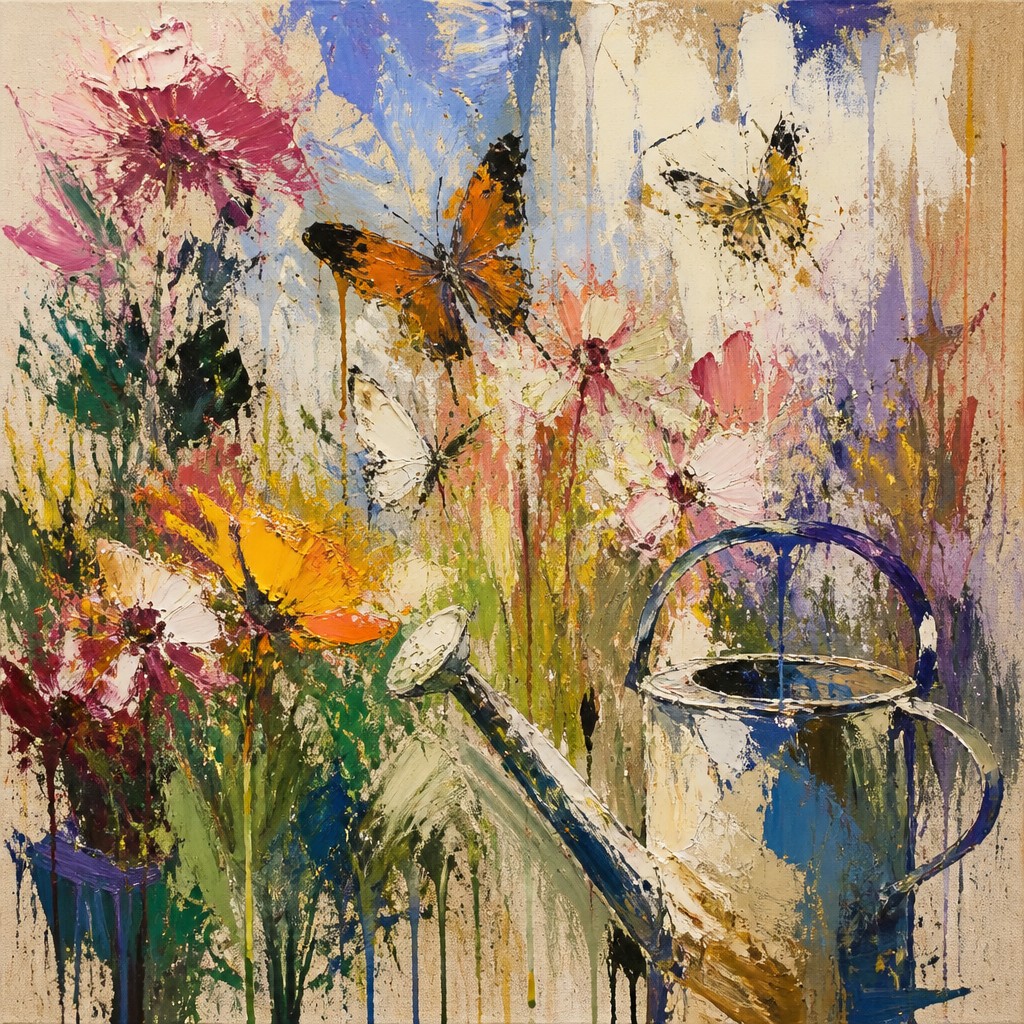 a garden scene with butterflies, flowers and a watering can, clean uncolored line art, no text