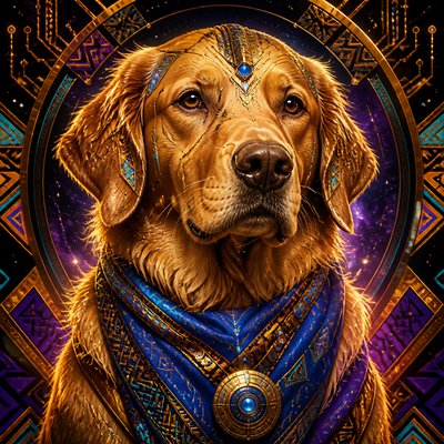 portrait of a golden retriever wearing a blue bandana, warm plain backdrop, no text