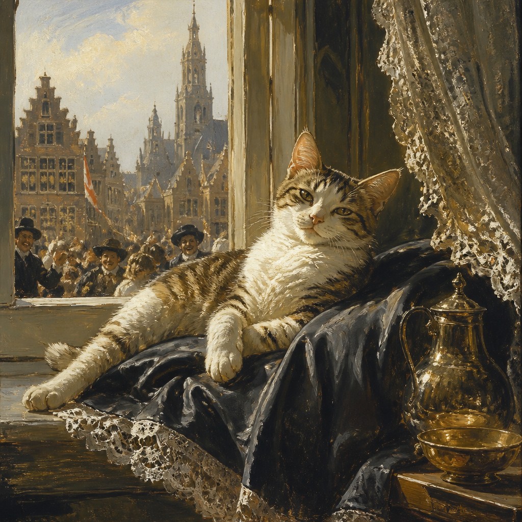a cat lounging in a sunlit window — Haarlem Golden Age Art Style