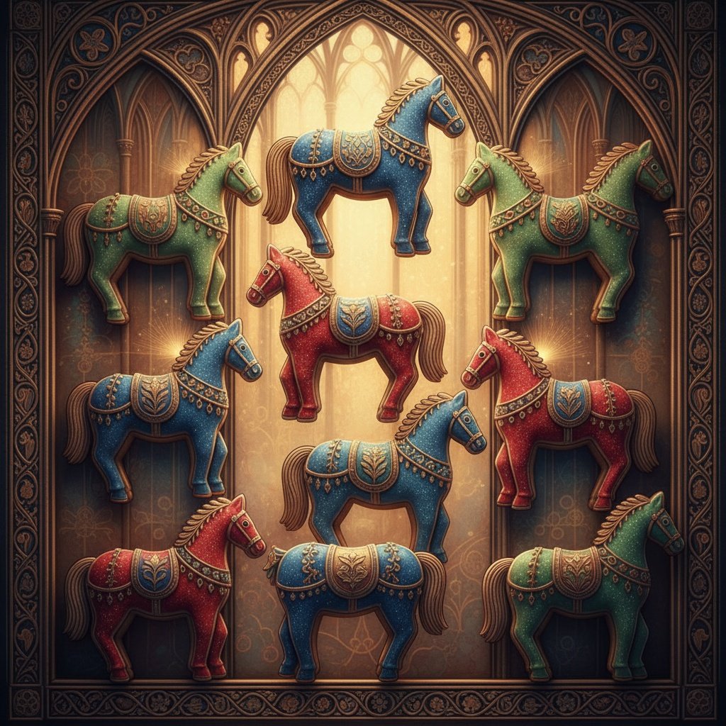 a tray of tiny horse-shaped sugar cookies, highly detailed icing, pastel holiday colors, sparkle sugar, soft bakery lighting, shallow depth of field, whimsical but elegant, intricate frosting texture, macaron-style softness, christmas atmosphere, ultra-detailed, 3d render look, artisan cookie photography style Christmas setting