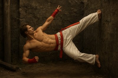 a shirtless man in a red and white outfit