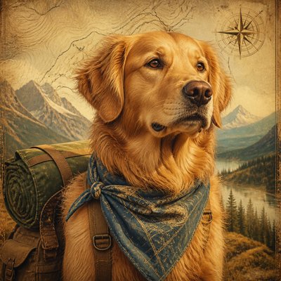 portrait of a golden retriever wearing a blue bandana, warm plain backdrop, no text