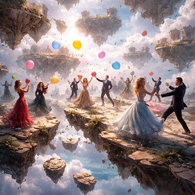 A group of people dressed up for a ball having a balloon fight