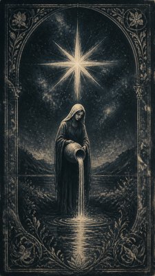 a robed figure pouring water beneath a large eight-pointed star in a night sky, symmetrical composition with an ornate decorative border, no text
