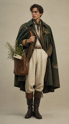full-body original character: a wandering botanist with a satchel of plants, a patched green cloak, tall boots and round glasses, neutral background