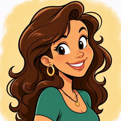 head-and-shoulders portrait of an original character: a young woman with wavy chestnut hair and a warm smile, plain soft backdrop