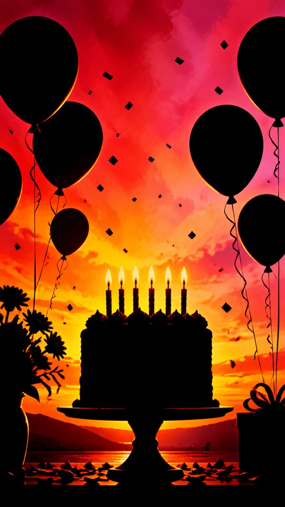 a birthday cake with lit candles surrounded by balloons and confetti, festive vertical composition, no text