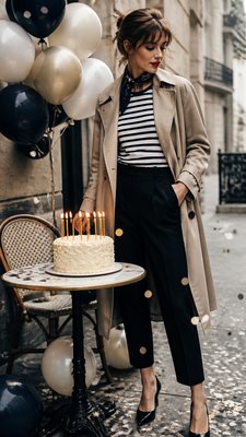 a birthday cake with lit candles surrounded by balloons and confetti, festive vertical composition, no text