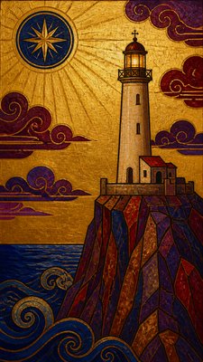 a lone lighthouse on a cliff at dusk under a dramatic sky, no text or lettering