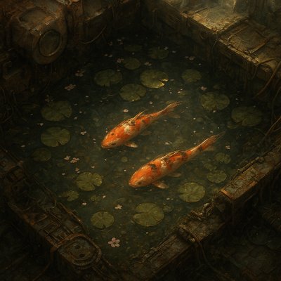 A koi pond seen from above, orange and white koi fish swimming among lily pads, clear water with subtle ripples, fallen cherry blossom petals floating on the surface, dappled sunlight