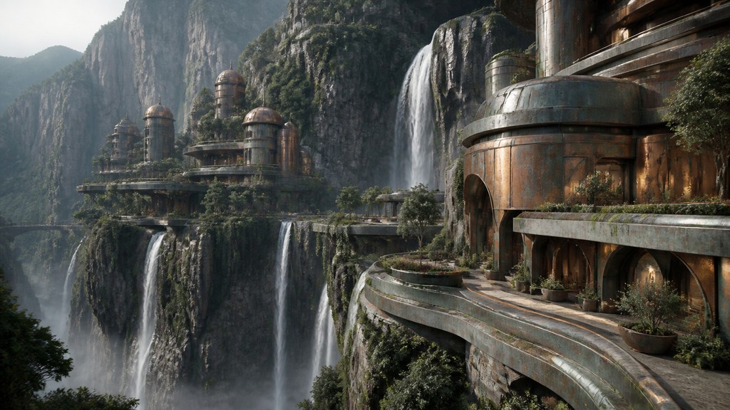 a cliffside city with waterfalls cascading into a misty canyon, wide establishing shot, no people, no text