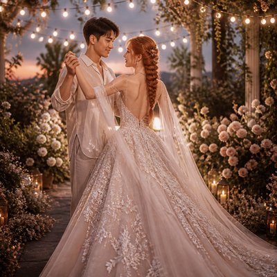 an original couple dancing under string lights in a garden at dusk: a man with short black hair in a linen shirt and a woman with braided red hair in a summer dress