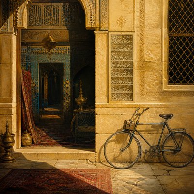 bicyle resting against a wall — Orientalist Painting Style