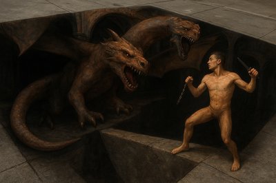 a painting of a man holding a knife next to a dragon