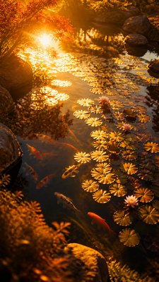a koi pond with lily pads seen from above, no people