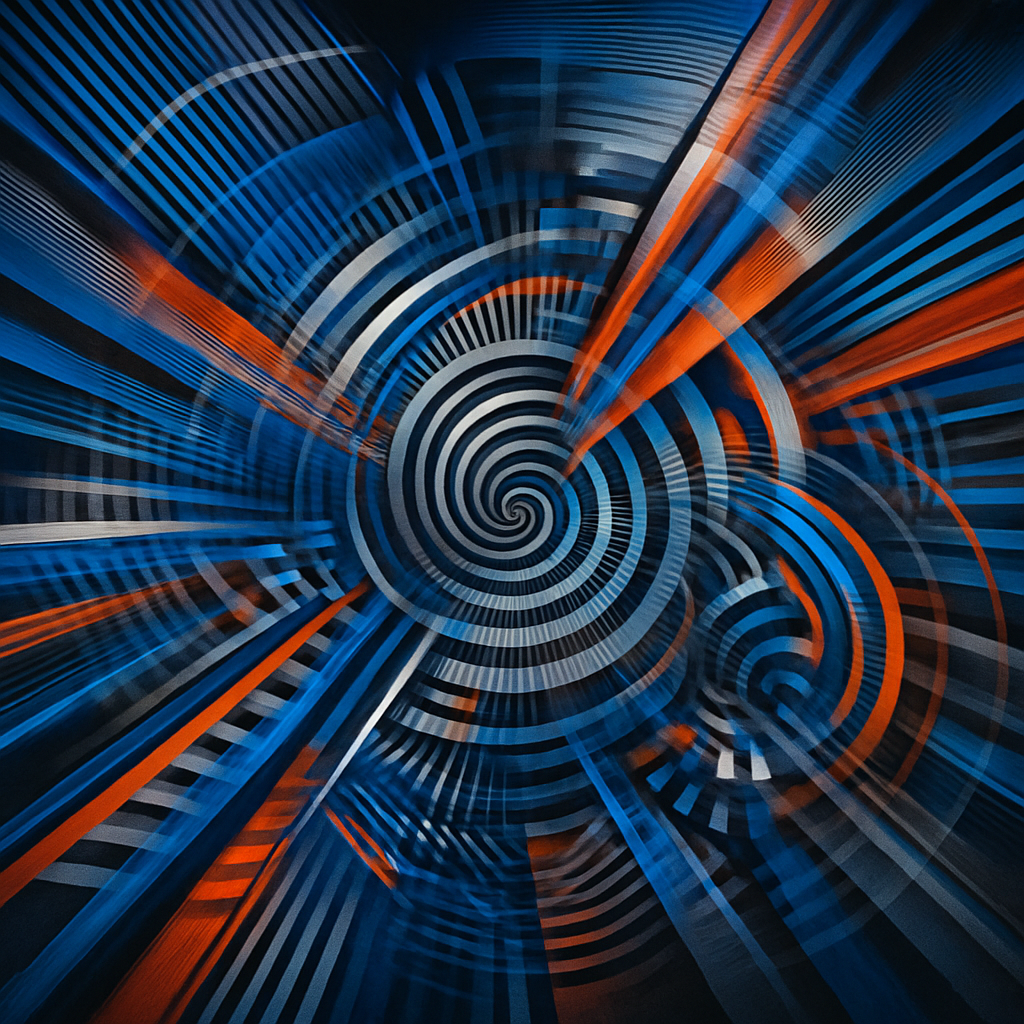 a blue and orange abstract background with a spiral design