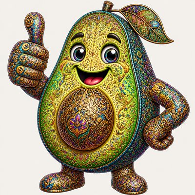 a happy avocado character giving a thumbs up, bold readable design on a plain background, no text