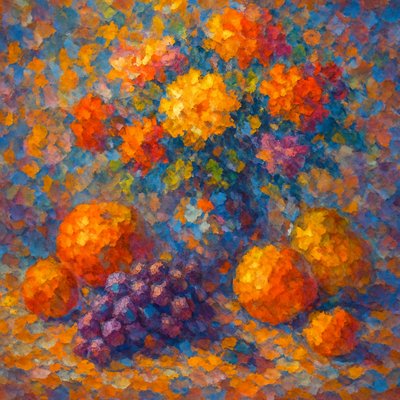 still life arrangement of fruits and flowers