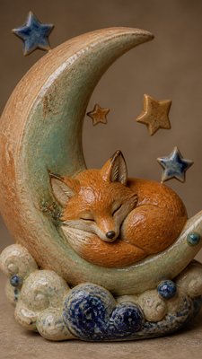 a sleeping baby fox curled on a crescent moon among soft stars, gentle and warm, no text