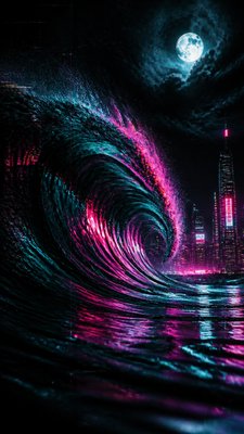 an ocean wave curling under moonlight, no people