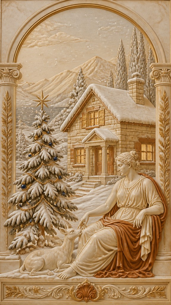 a snow-covered cottage with warm glowing windows beside a decorated pine tree, gentle snowfall, no text