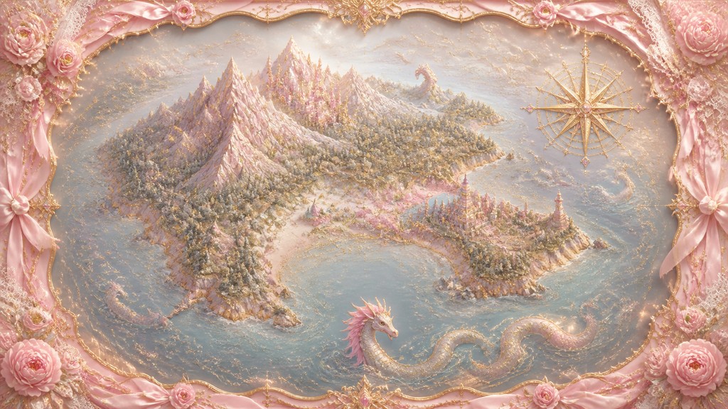 a map of an island realm with mountains, forests, a sheltered bay, sea monsters in the water and a compass rose, no text labels