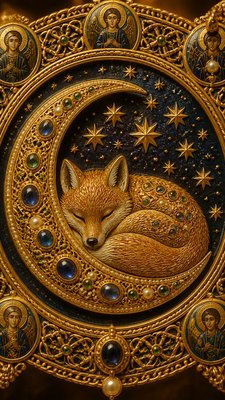 a sleeping baby fox curled on a crescent moon among soft stars, gentle and warm, no text