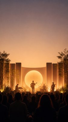 a live music scene with a glowing stage and silhouetted crowd, energetic vertical composition with open space at the top, no text