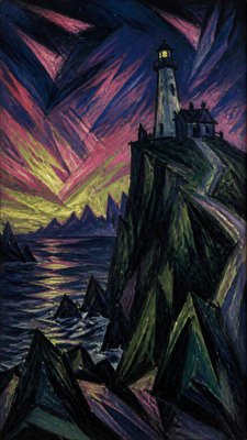 a lone lighthouse on a cliff at dusk under a dramatic sky, no text or lettering