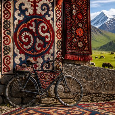 bicyle resting against a wall — Kyrgyz Art Style